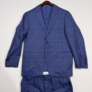 Luxury Canali Italian Suit 13290/37 Blue Windowpane 100% Wool 36R Jacket / Waist